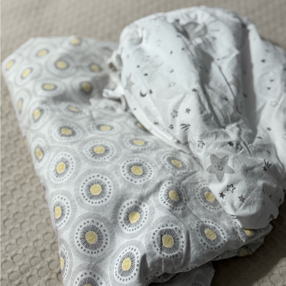 Two Pottery Barn Kids White and Gray Crib Sheets with Yellow Accents